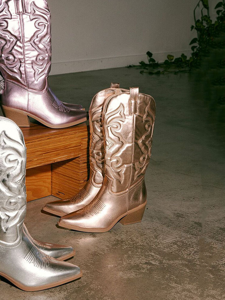 Metallic PU Leather Cowboy Boots - Bold Muse Co