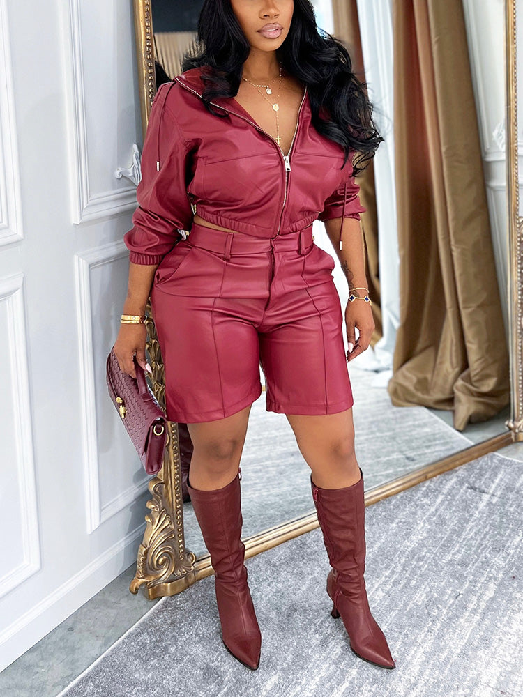 Leather Hooded Jacket & Shorts Set