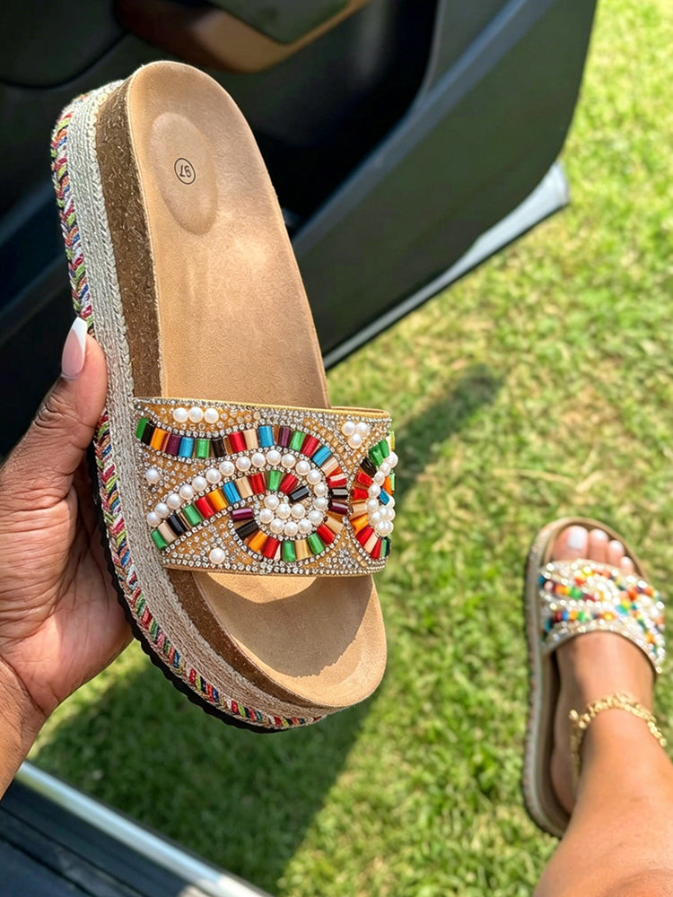 Bohemian Beaded Platform Slides