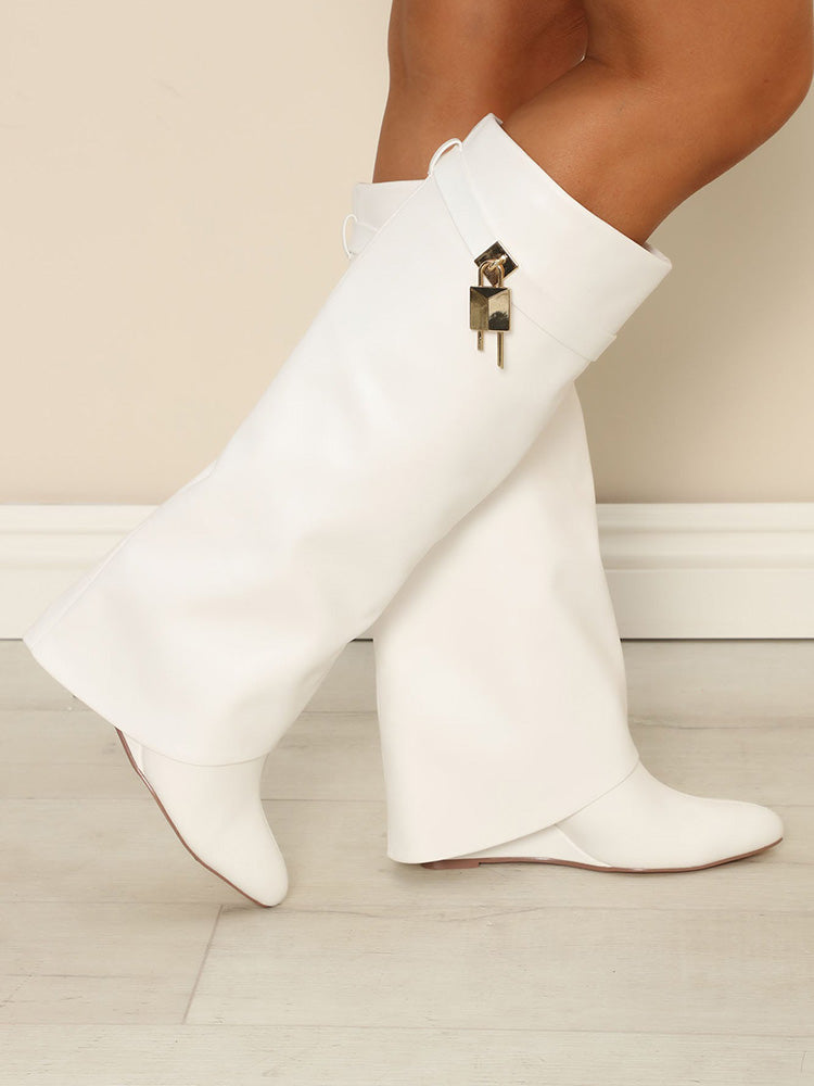 Lock & Key Leather Wedge Heel Boots - Bold Muse Co