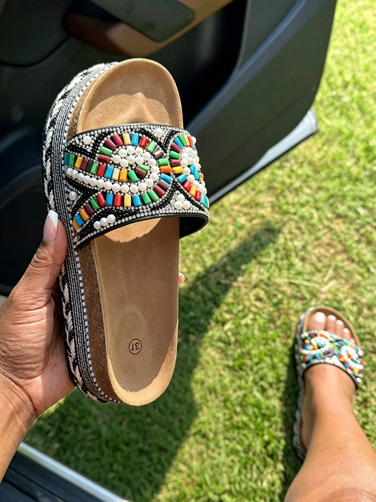 Bohemian Beaded Platform Slides