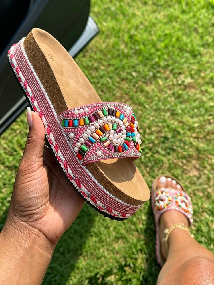 Bohemian Beaded Platform Slides