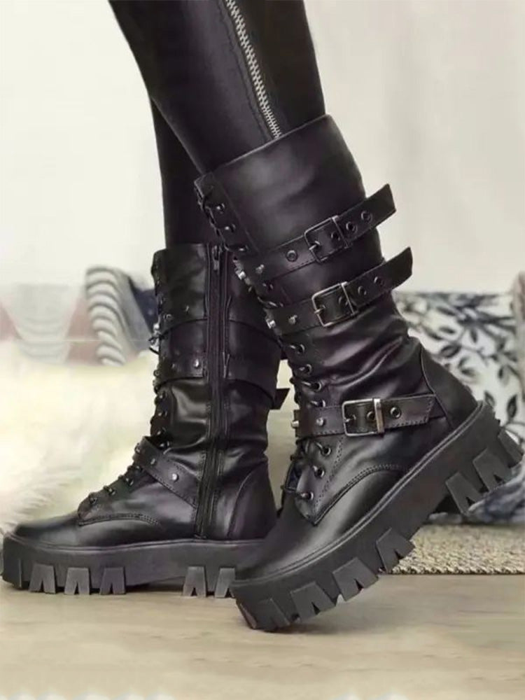 Eyelet Buckled Zipper Platform Boots - Bold Muse Co