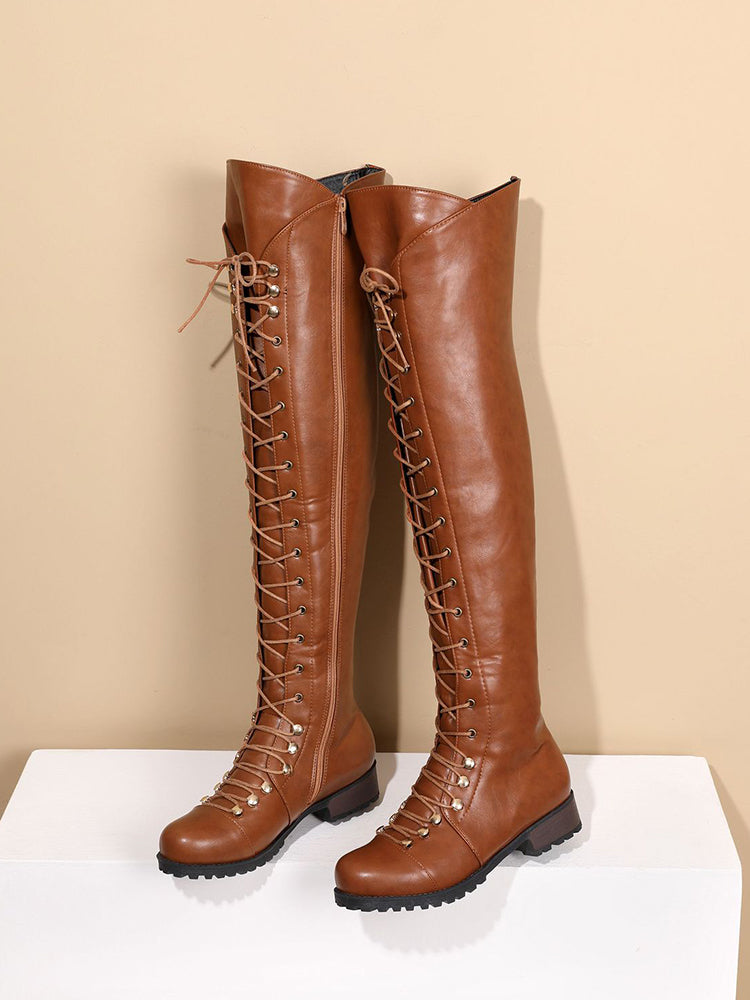 Lace Up Leather Over The Knee Boots - Bold Muse Co