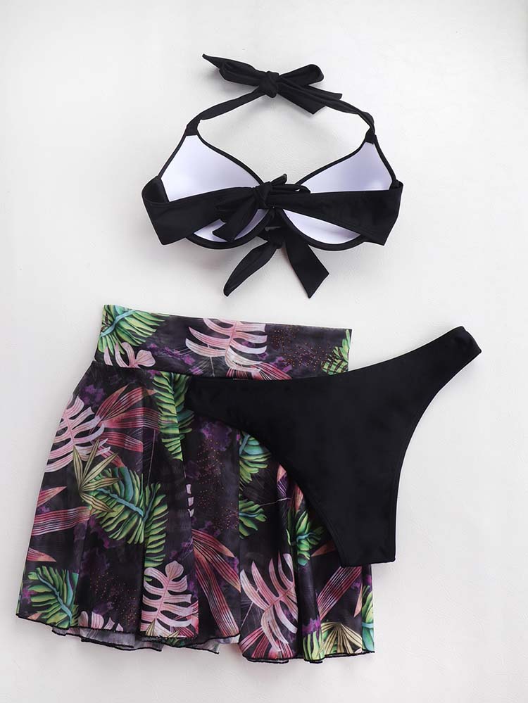 3pack Plant Print Halter Bikini Swimsuit & Skirt - Bold Muse Co