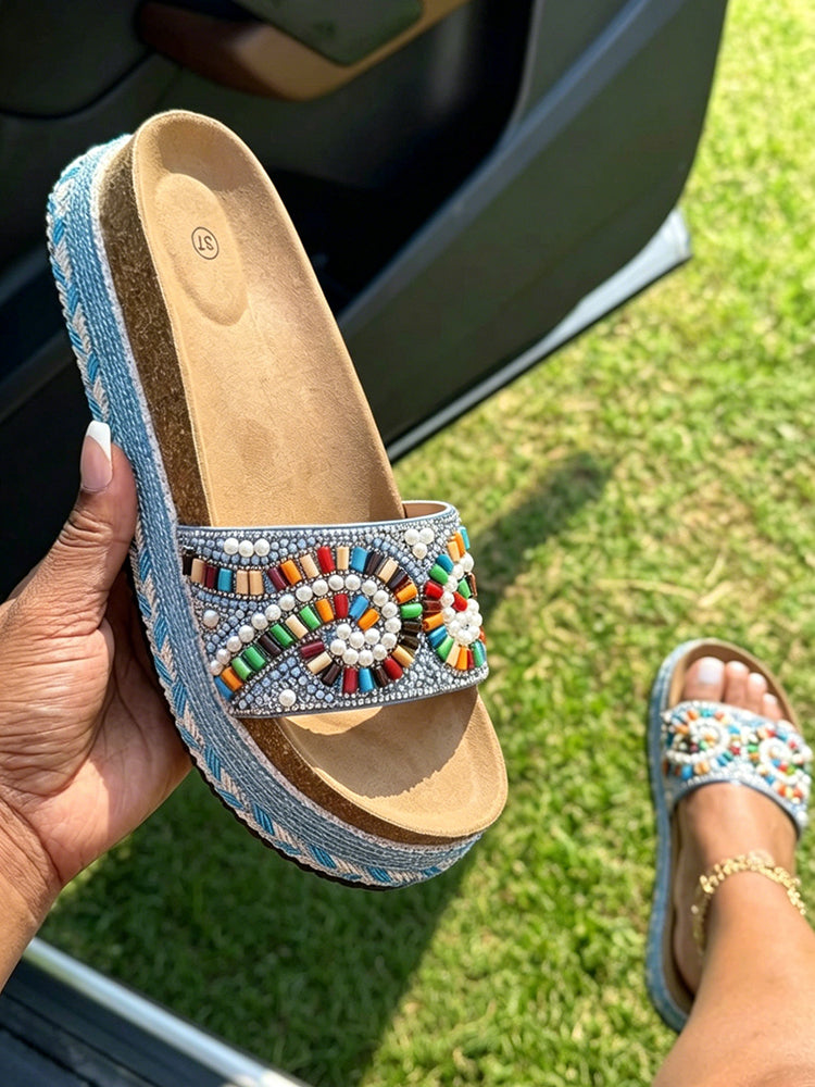 Bohemian Beaded Platform Slides