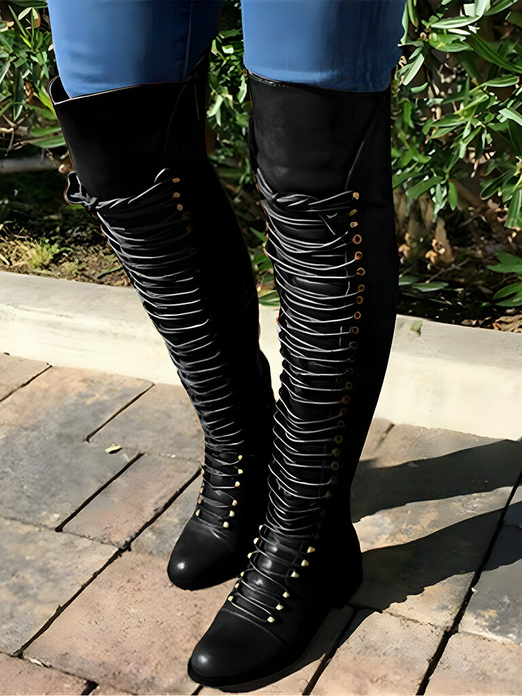 Lace Up Leather Over The Knee Boots - Bold Muse Co