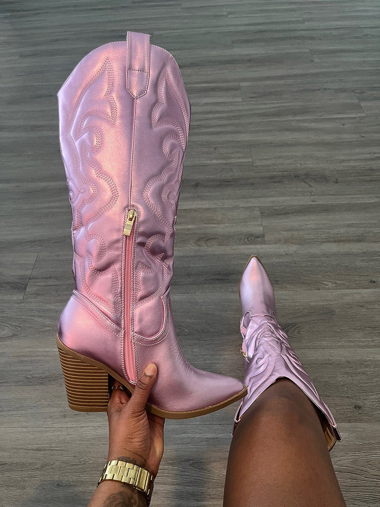 Metallic PU Leather Cowboy Boots - Bold Muse Co