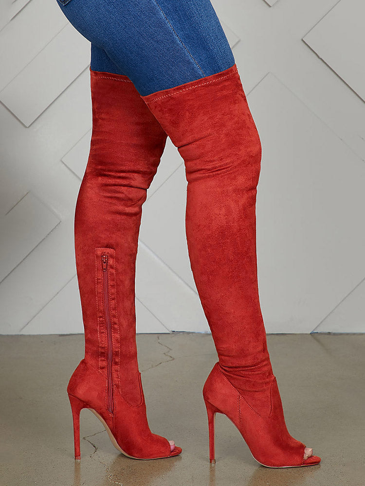 Peep Toe Suede Over Knee Boots - Bold Muse Co