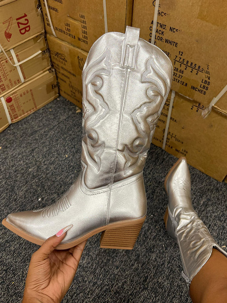 Metallic PU Leather Cowboy Boots - Bold Muse Co