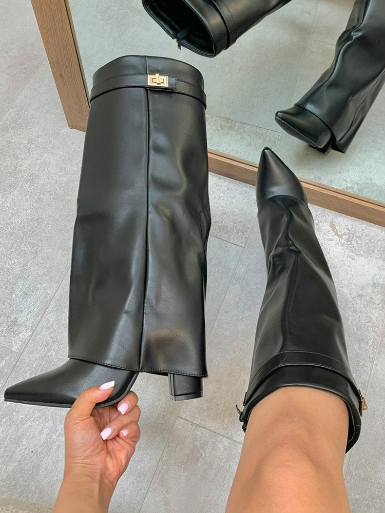 Fold Chunky Heel Knee High Boots - Bold Muse Co
