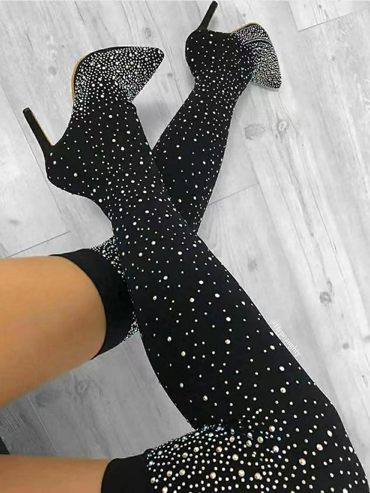 Rhinestone Decor Thigh High Boots - Bold Muse Co