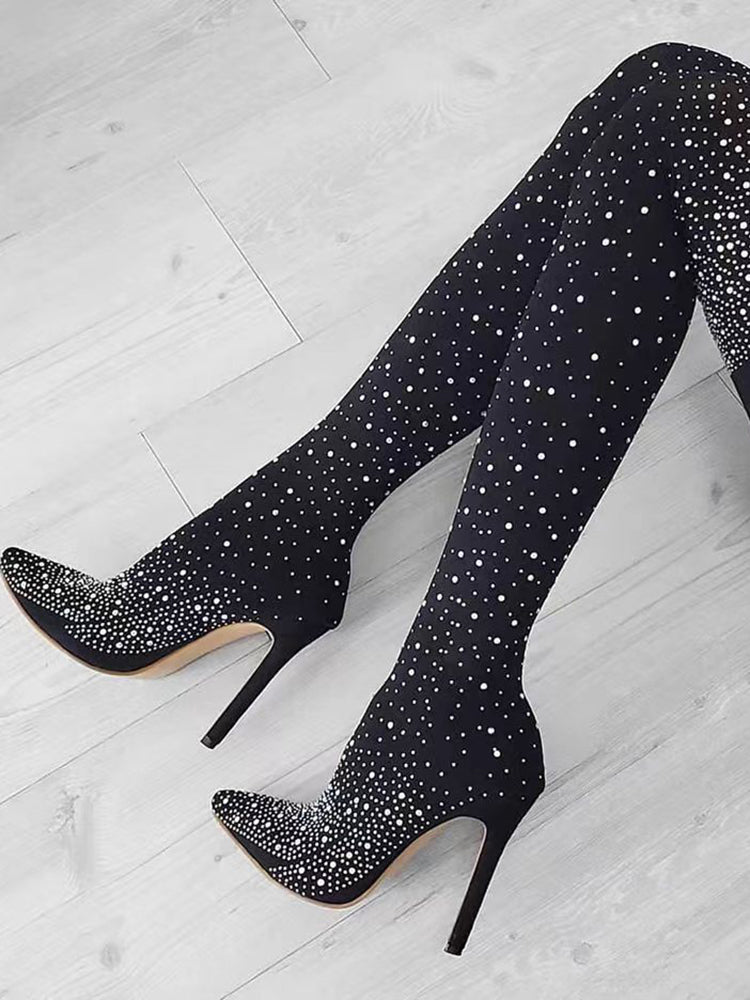 Rhinestone Decor Thigh High Boots - Bold Muse Co