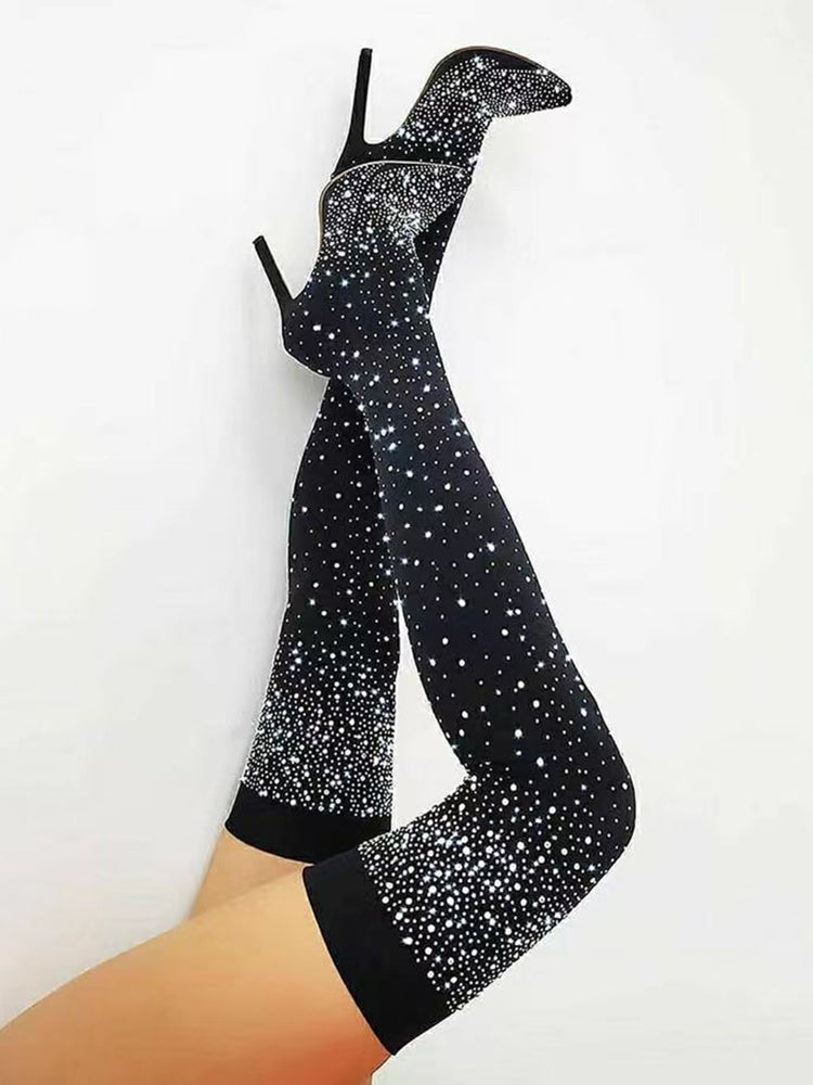Rhinestone Decor Thigh High Boots - Bold Muse Co