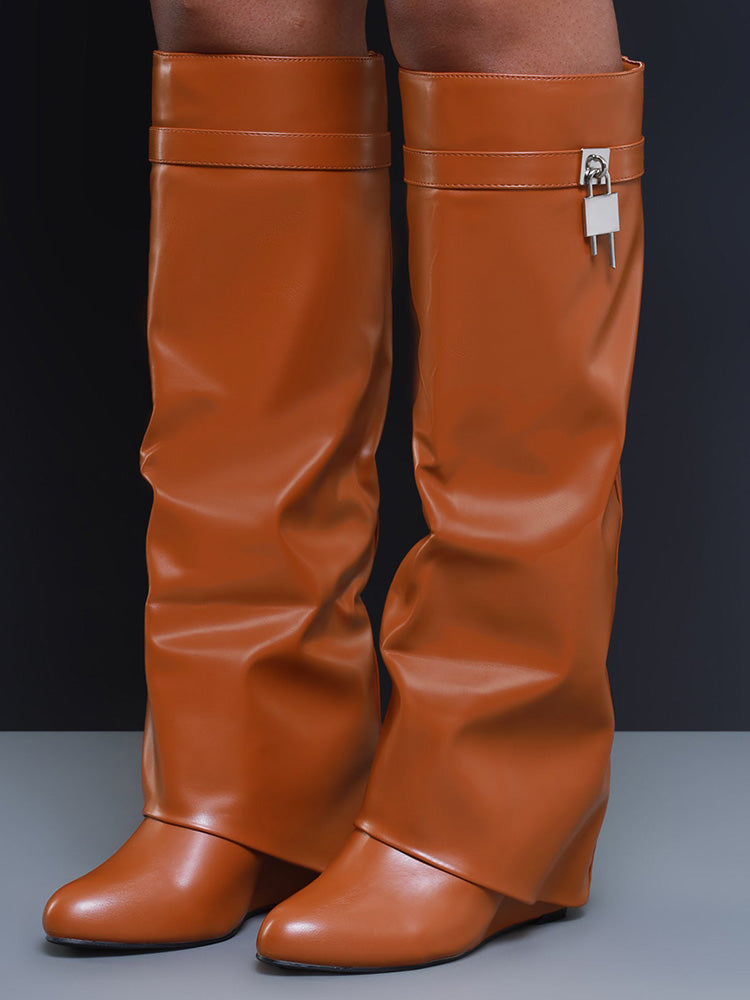 Lock & Key Leather Wedge Heel Boots - Bold Muse Co