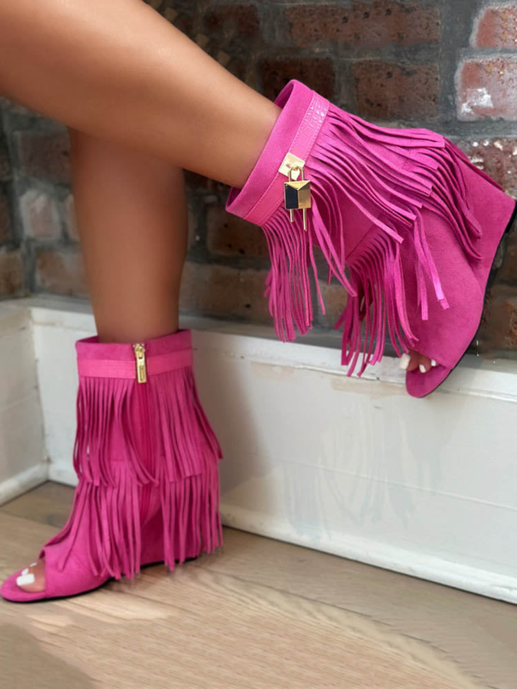 Fringe Open Toe Suede Boots - Bold Muse Co