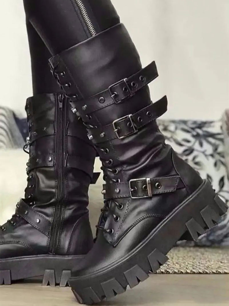 Eyelet Buckled Zipper Platform Boots - Bold Muse Co
