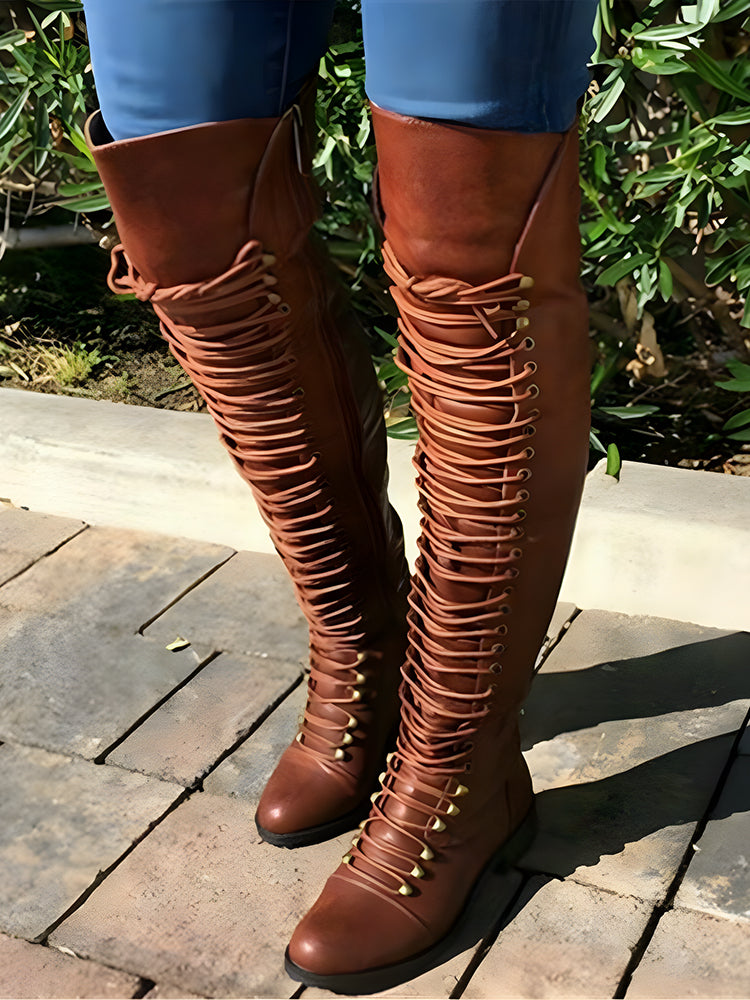 Lace Up Leather Over The Knee Boots - Bold Muse Co
