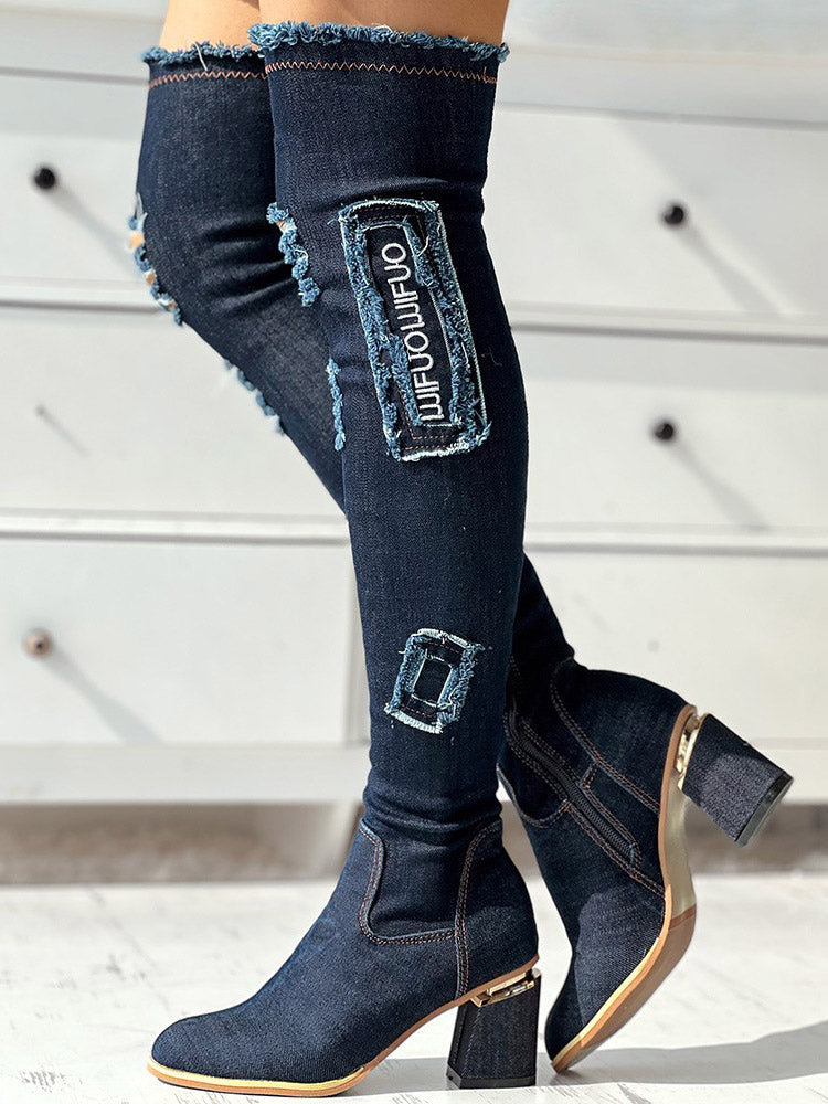Ripped Over The Knee Denim Boots - Bold Muse Co