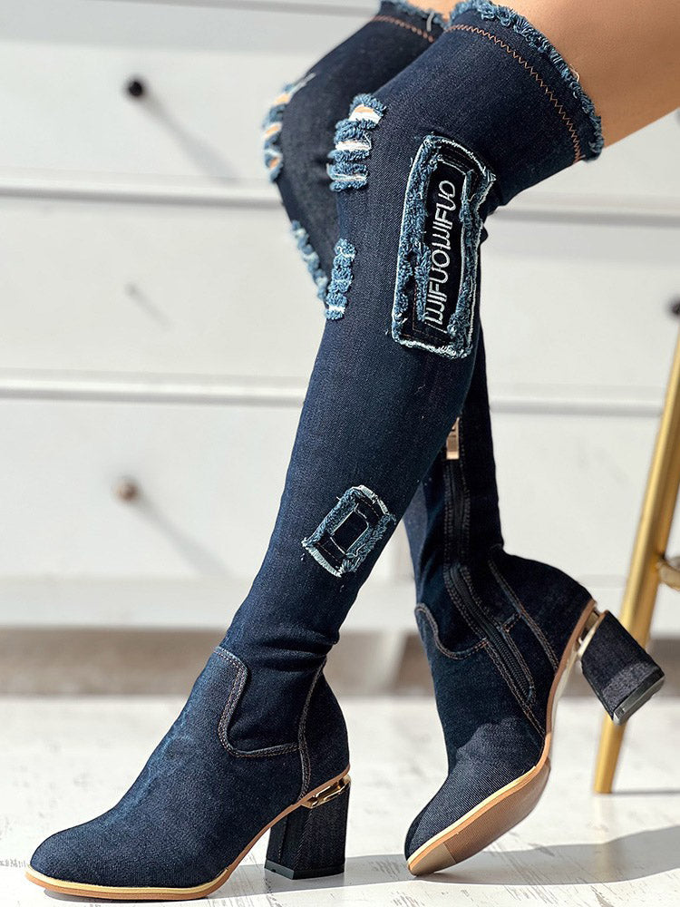 Ripped Over The Knee Denim Boots - Bold Muse Co