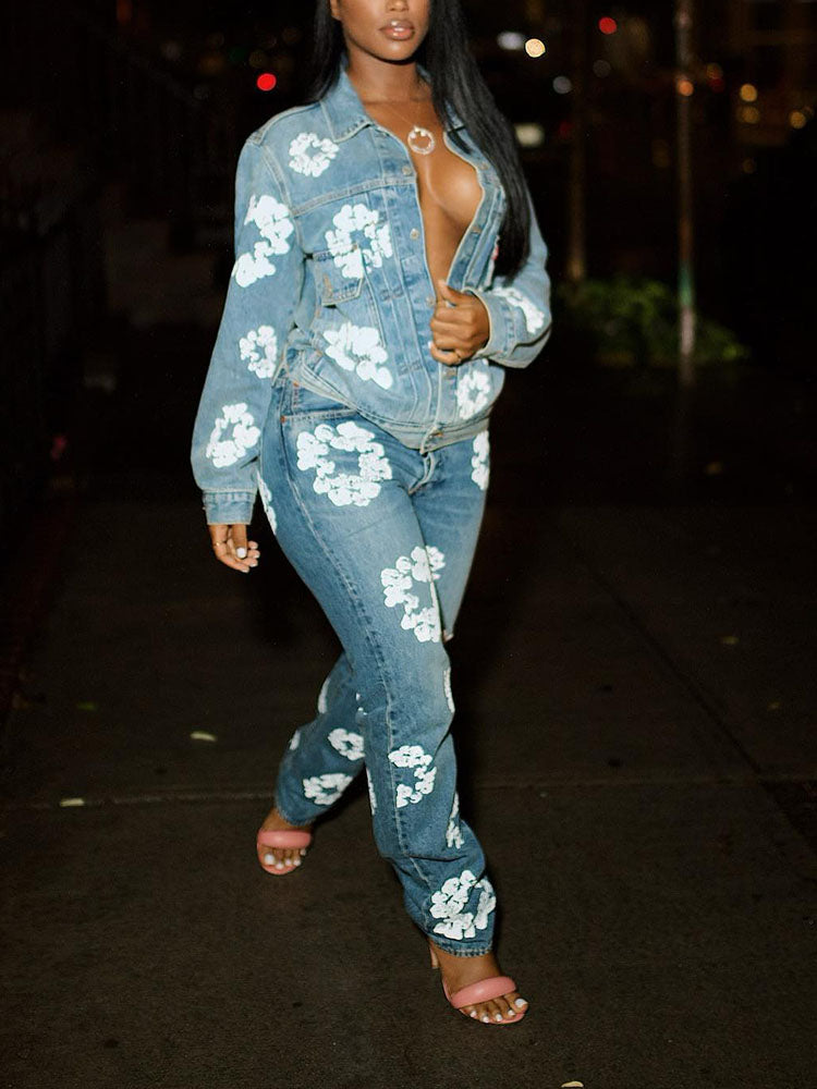 Floral Print Denim Jacket & Jeans - Bold Muse Co