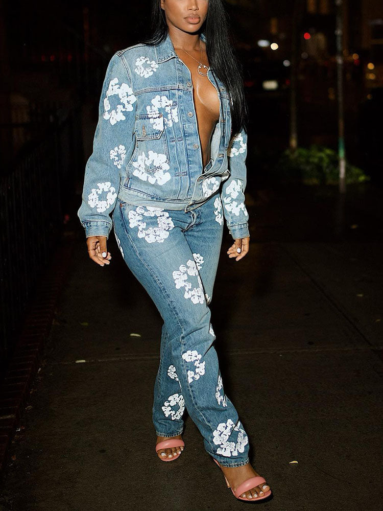 Floral Print Denim Jacket & Jeans - Bold Muse Co