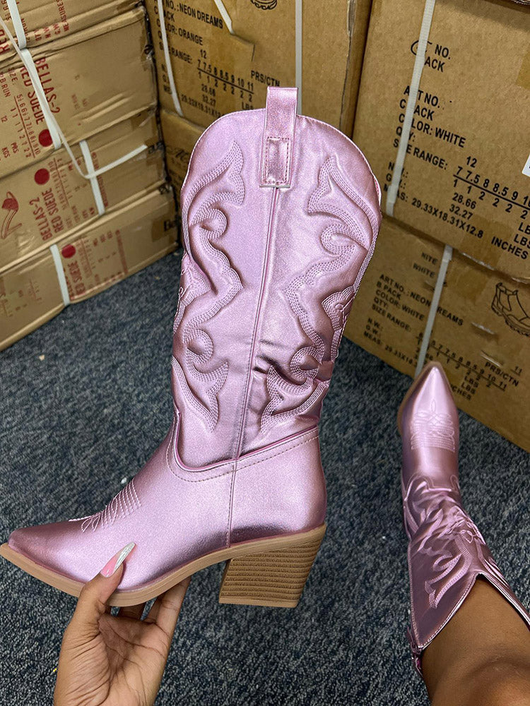 Metallic PU Leather Cowboy Boots - Bold Muse Co