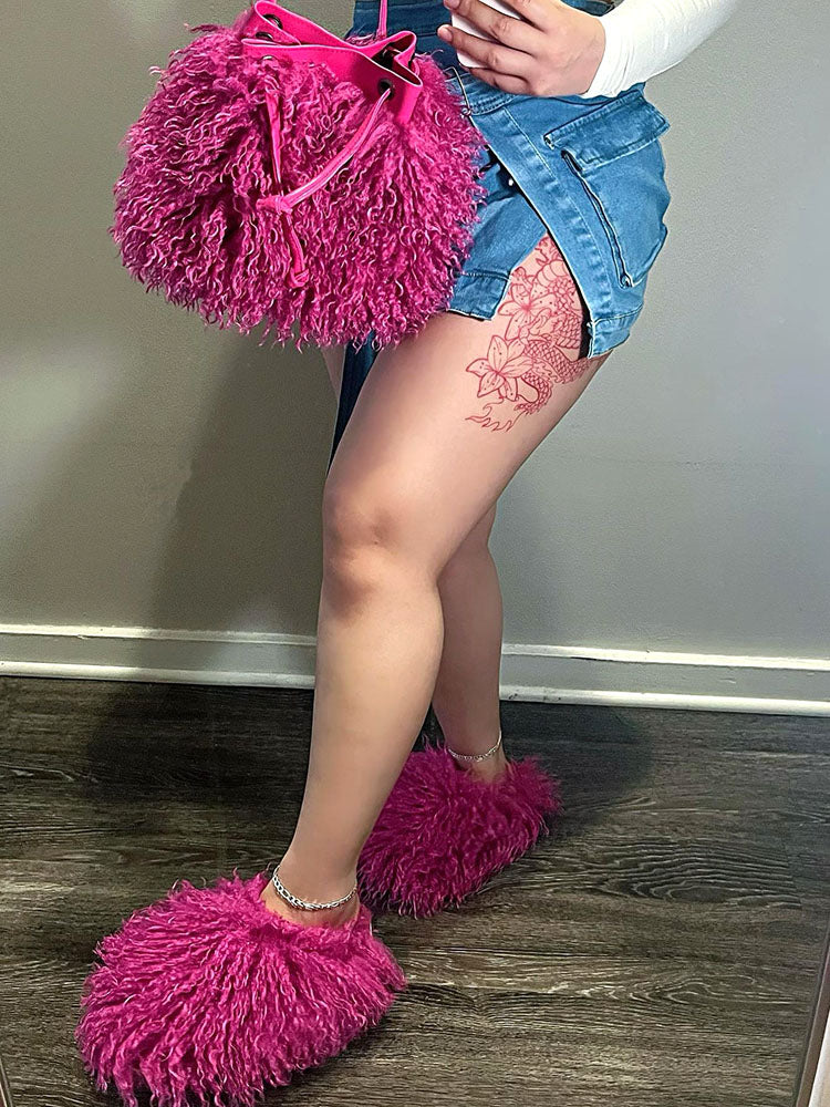 Fluffy Fur Bag & Slides Set