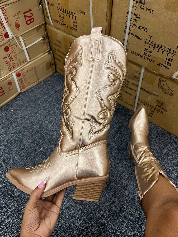 Metallic PU Leather Cowboy Boots - Bold Muse Co