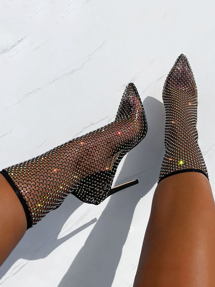 Rhinestone Fishnet Heels Boots - Bold Muse Co