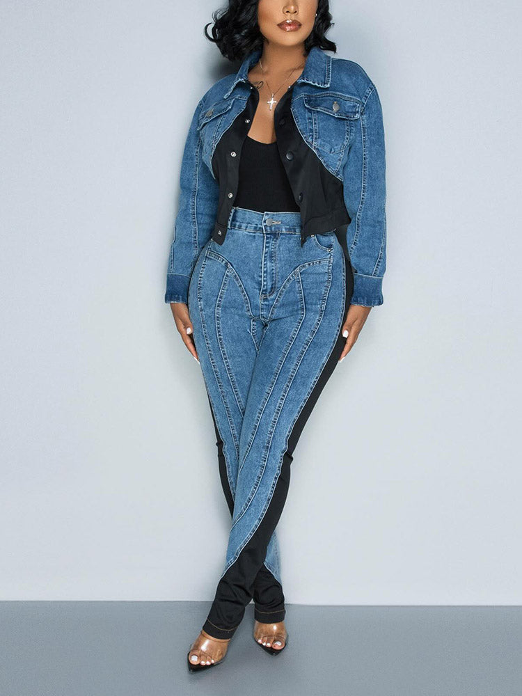 Color Contrast Denim Jacket & Jeans - Bold Muse Co