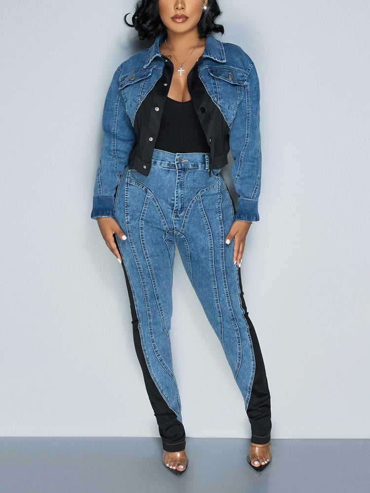 Color Contrast Denim Jacket & Jeans - Bold Muse Co