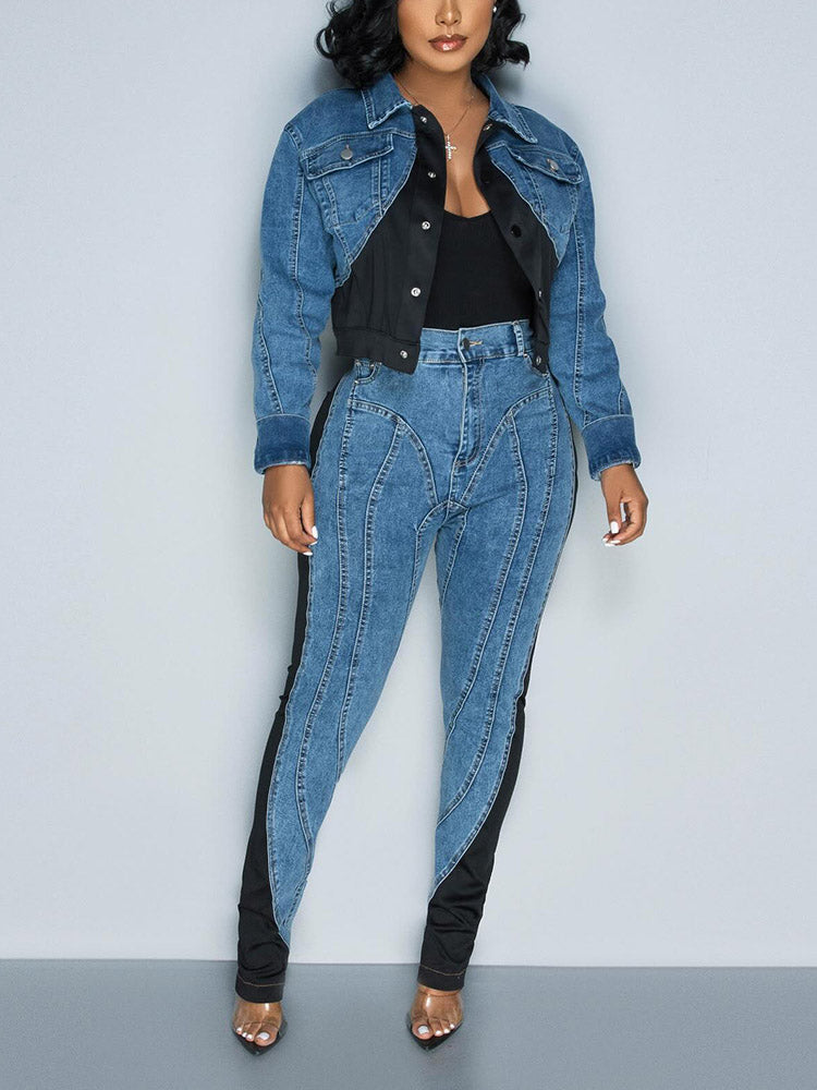 Color Contrast Denim Jacket & Jeans - Bold Muse Co