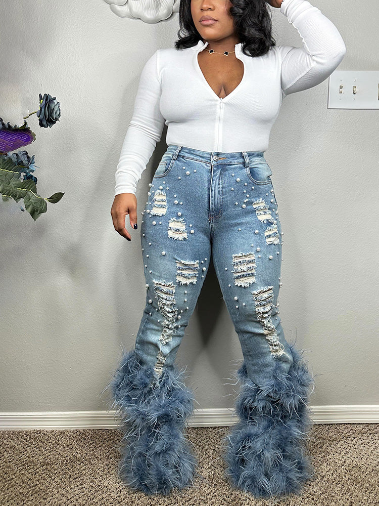 Pearl Feather Distressed Denim Jeans - Bold Muse Co