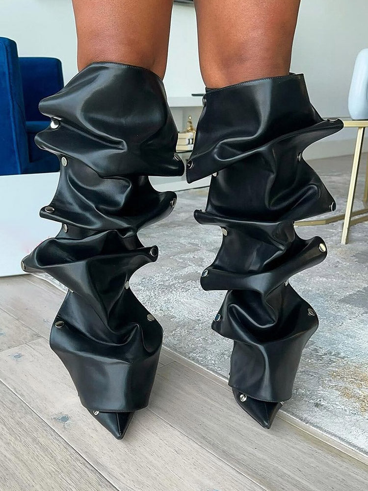 Leather Press Stud Knee-High Boots - Bold Muse Co