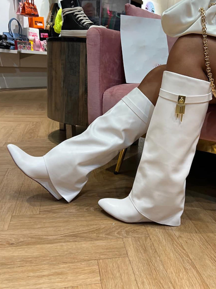 Lock & Key Leather Wedge Heel Boots - Bold Muse Co