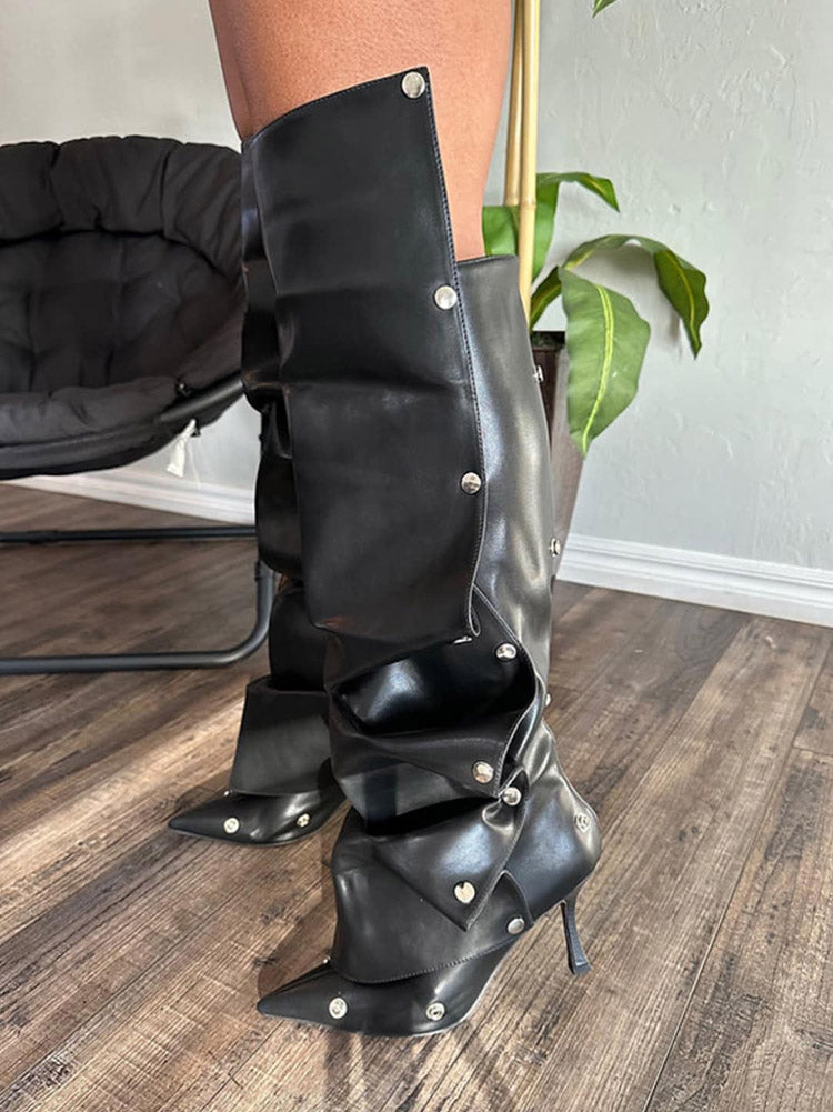 Leather Press Stud Knee-High Boots - Bold Muse Co
