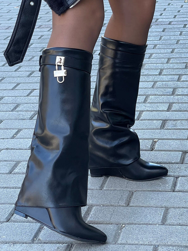 Lock & Key Leather Wedge Heel Boots - Bold Muse Co