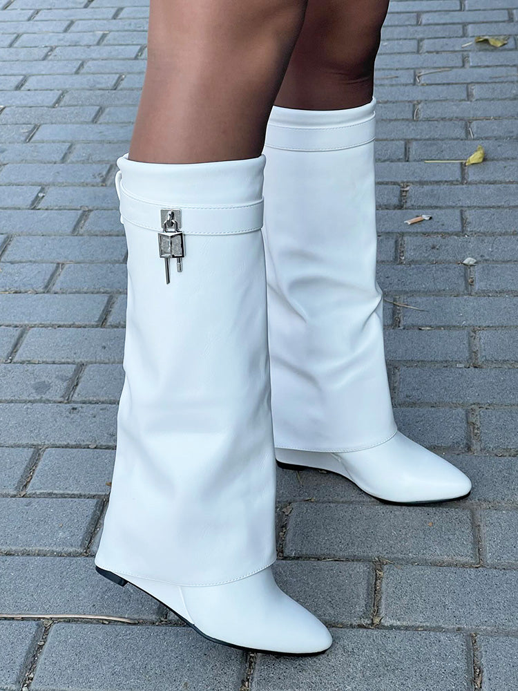 Lock & Key Leather Wedge Heel Boots - Bold Muse Co
