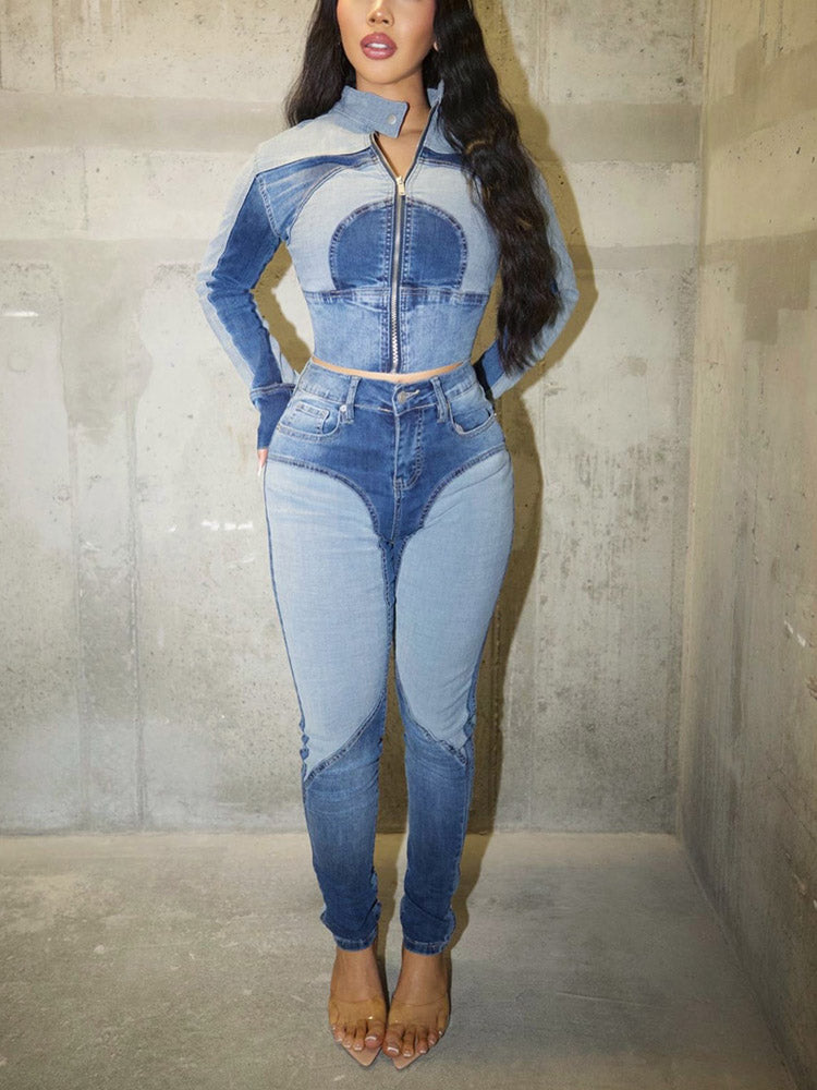 Contrast Denim Jacket & Skinny Jeans Set