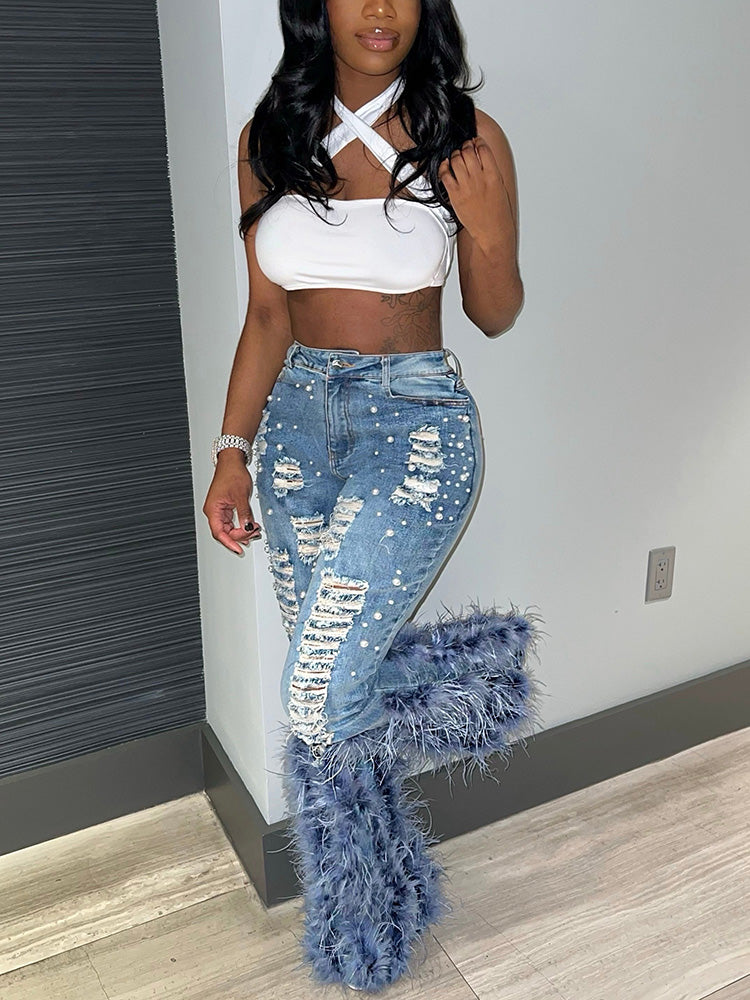 Pearl Feather Distressed Denim Jeans - Bold Muse Co