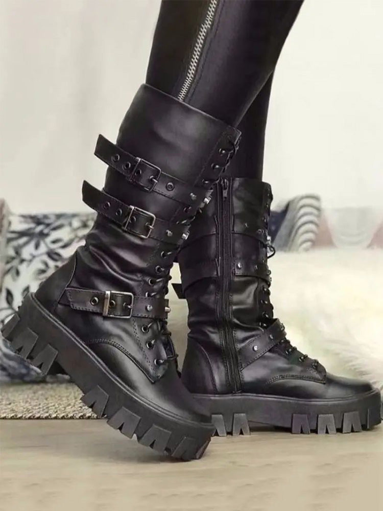 Eyelet Buckled Zipper Platform Boots - Bold Muse Co