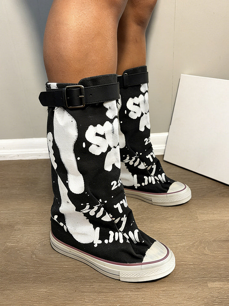 Graffiti Slouch Canvas Boots