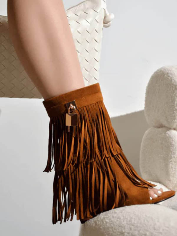 Fringe Open Toe Suede Boots - Bold Muse Co