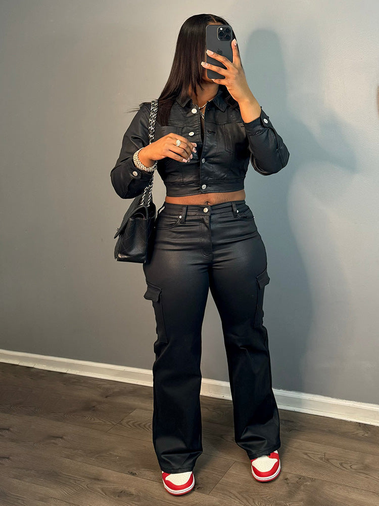 Leather Cropped Jacket & Pants Set - Bold Muse Co