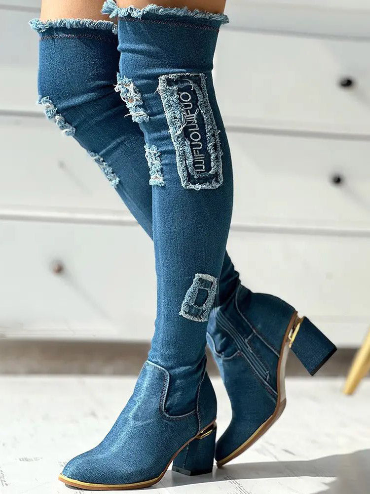 Ripped Over The Knee Denim Boots - Bold Muse Co