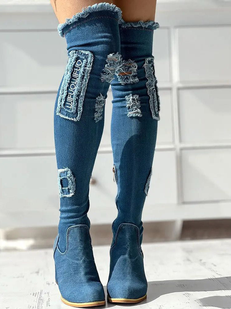 Ripped Over The Knee Denim Boots - Bold Muse Co