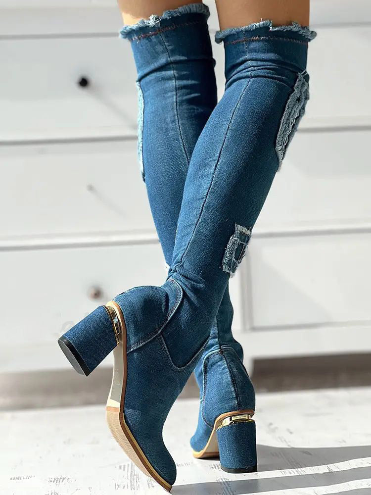 Ripped Over The Knee Denim Boots - Bold Muse Co