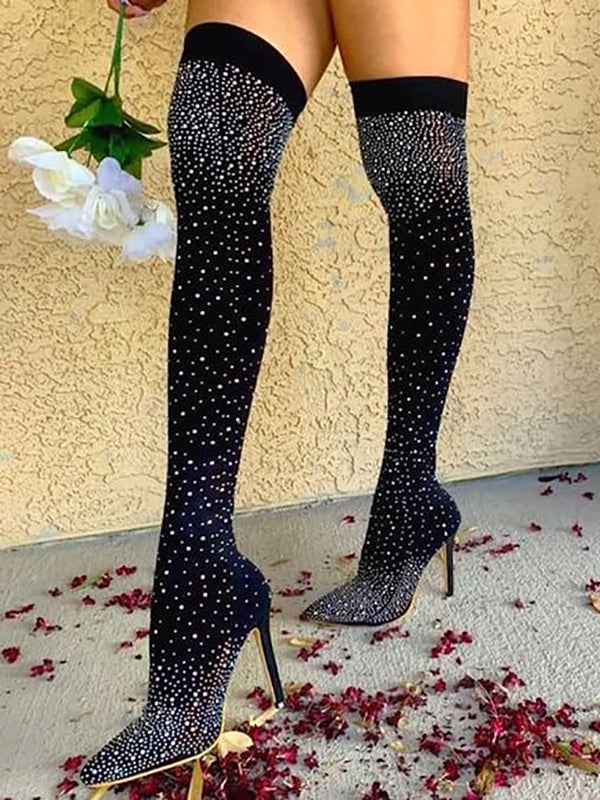 Rhinestone Decor Thigh High Boots - Bold Muse Co