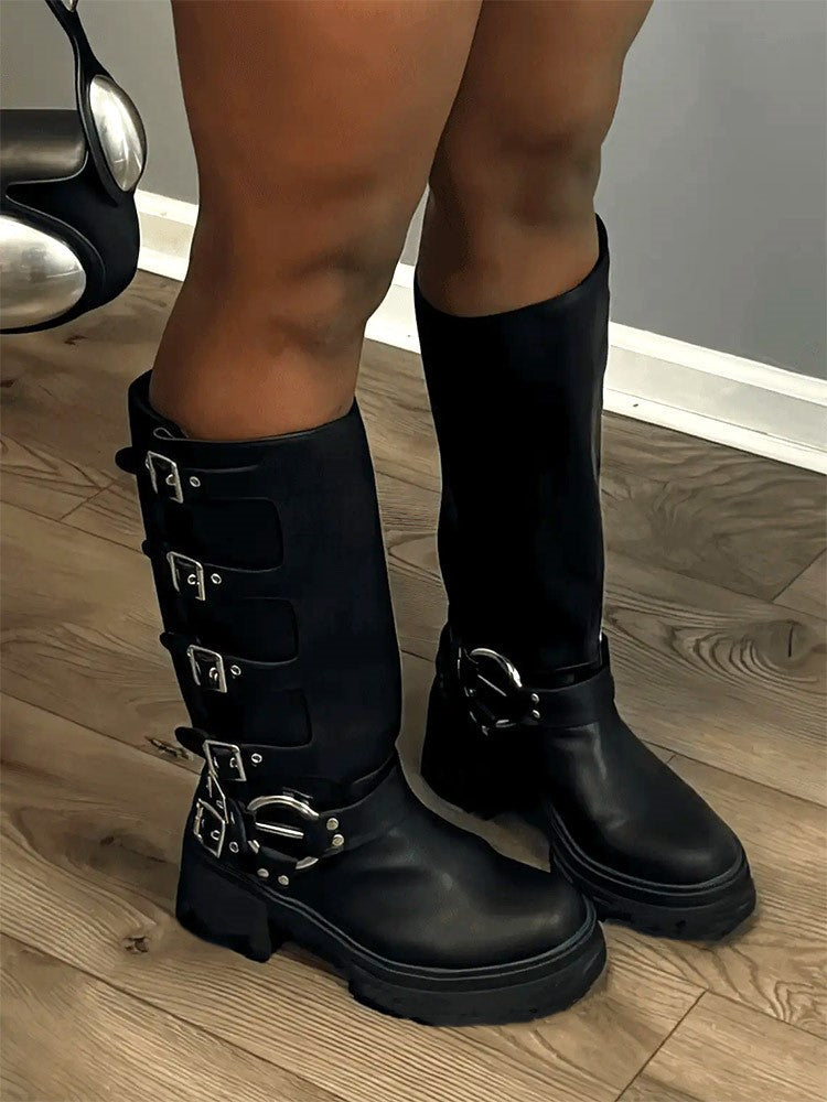 Buckle Leather Chunky Heel Boots - Bold Muse Co